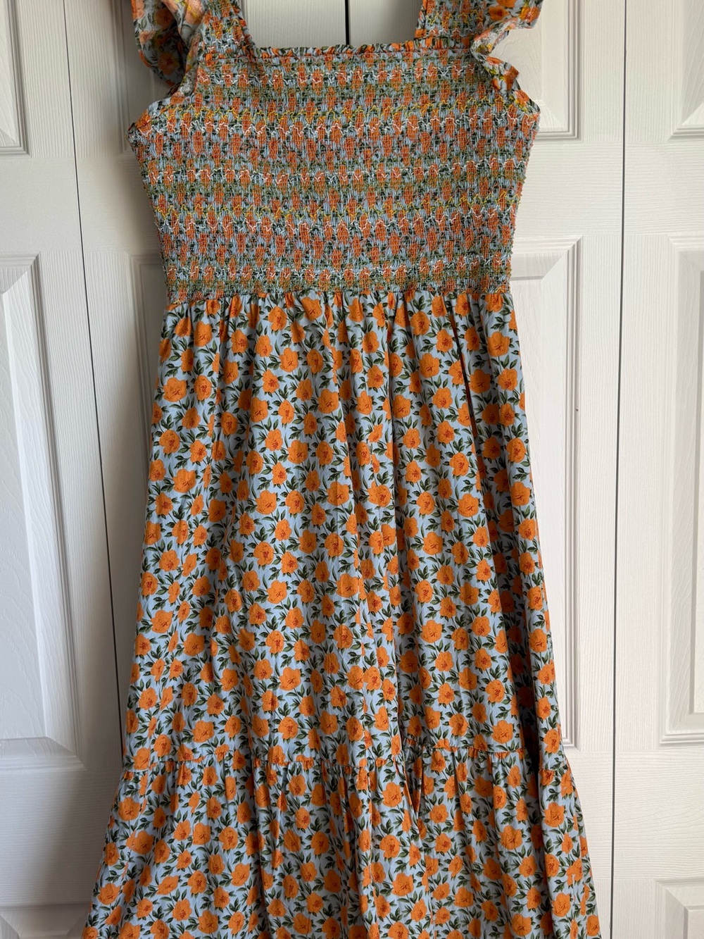 English Factory Blue and Orange Floral Smocked Sundress